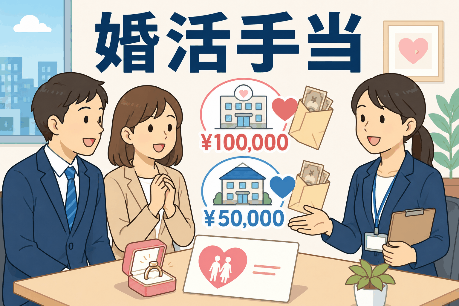 婚活手当の制度を紹介するイラスト。スーツ姿の男性と私服の女性が笑顔でガッツポーズをしている。