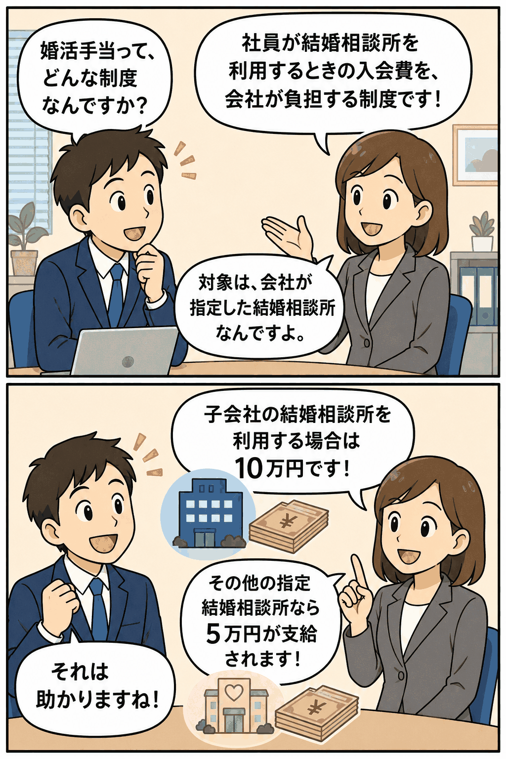 婚活手当制度を説明するマンガ風イラスト。社員が結婚相談所の入会費支援について話している。