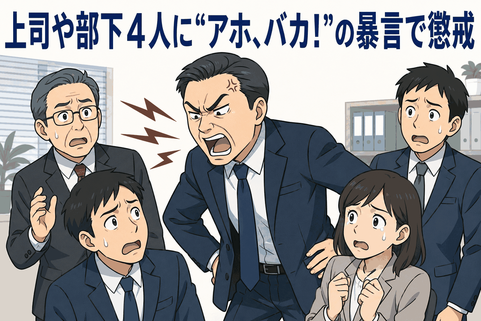 職場で上司が部下に「アホ」「バカ」と暴言を浴びせ、部下がストレスに苦しんでいるイラスト
