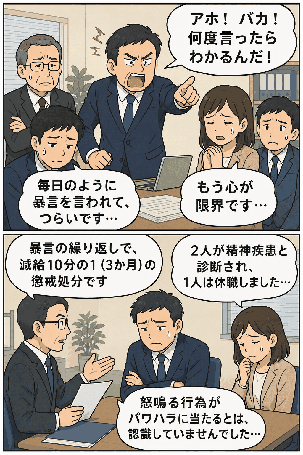 職場で上司が部下に「お前はダメだ」と怒鳴り、部下が精神的に苦しみ休職を決断する様子のイラスト