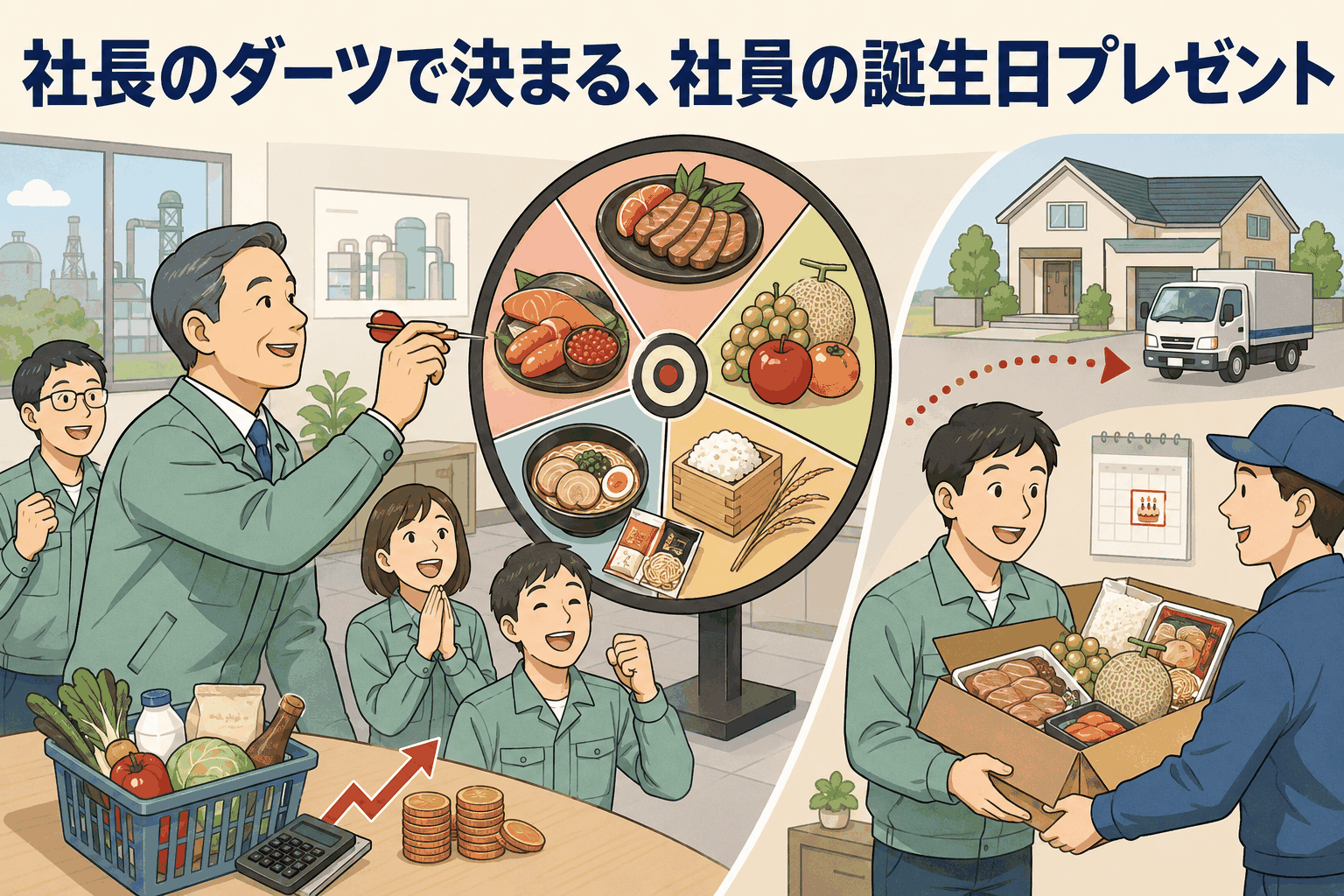 社長がダーツで社員の誕生日プレゼントを決めるユニークな社内イベントのイラスト