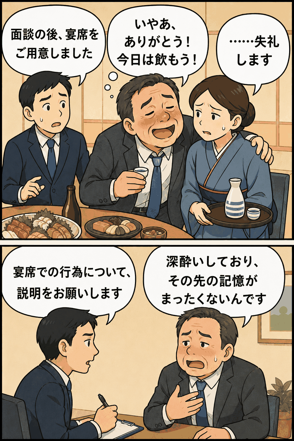 宴席で女性スタッフに絡みセクハラをする町長と、その後反省する様子のイラスト