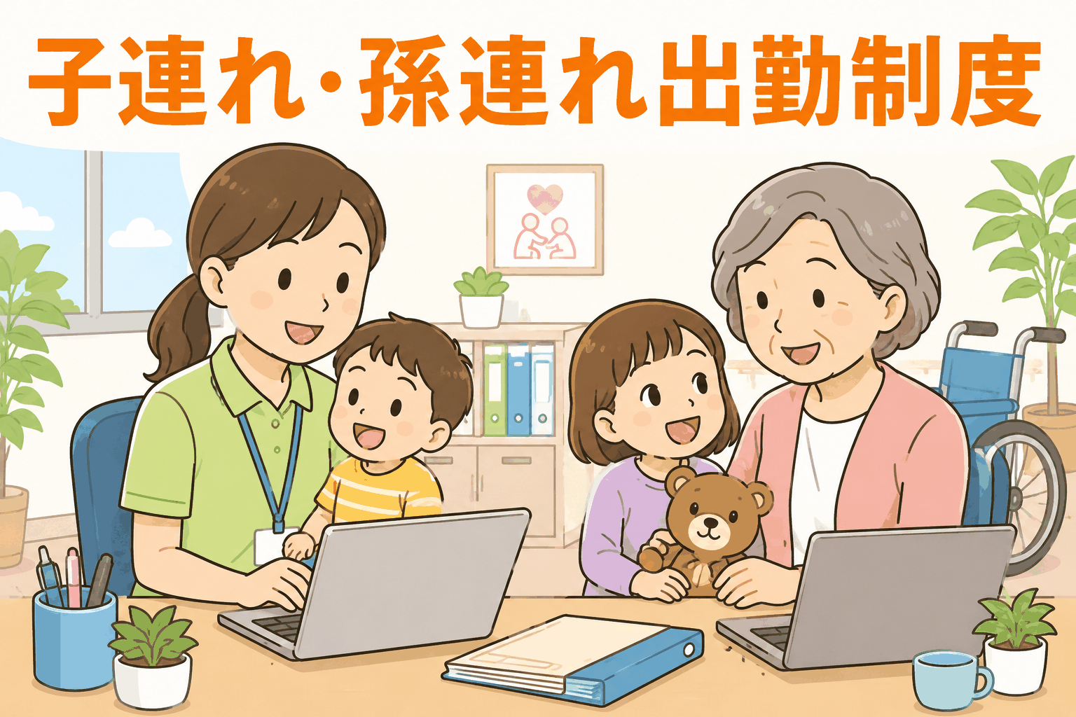 子連れ・孫連れ出勤制度を利用して笑顔で仕事するイラスト