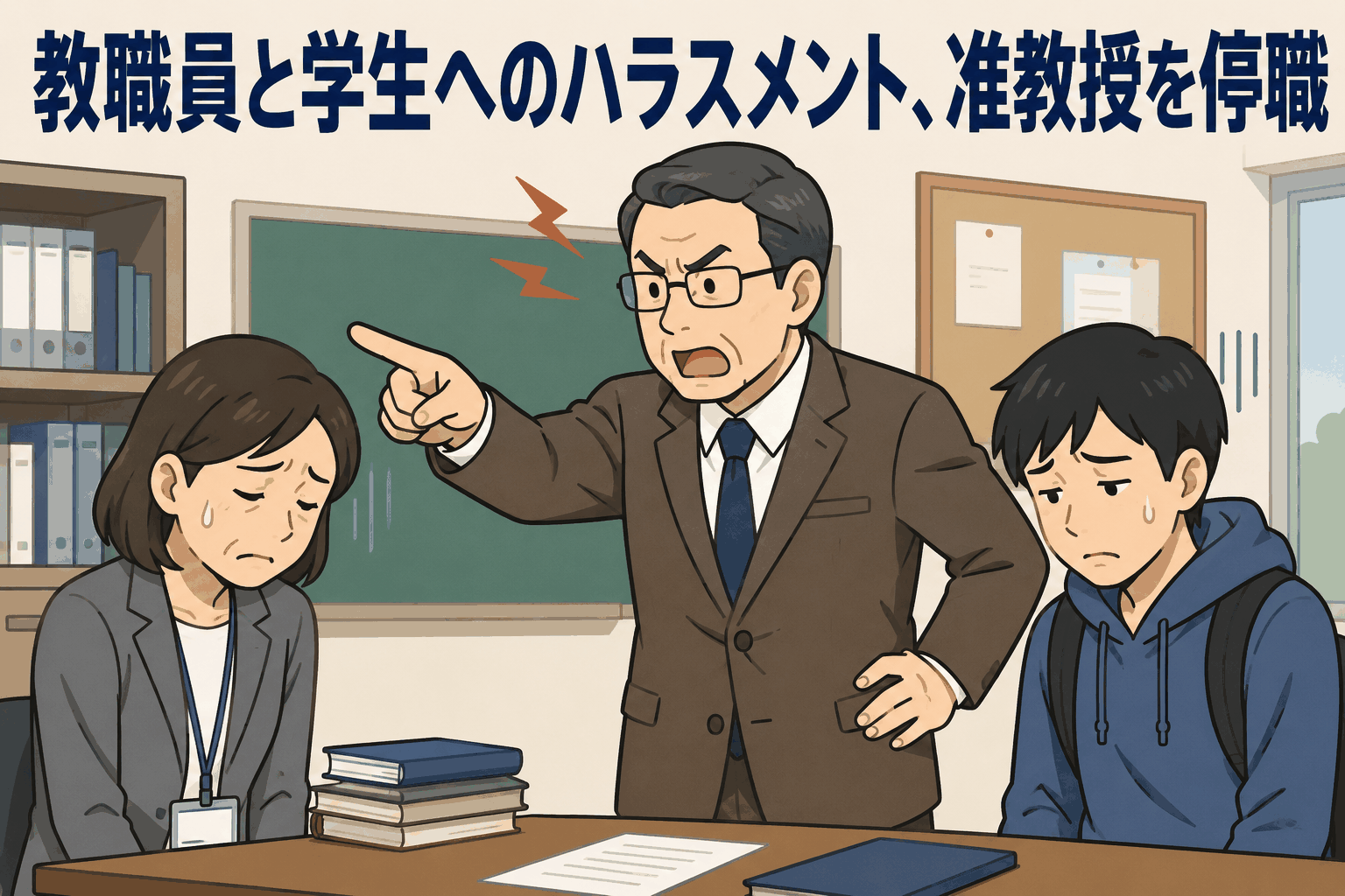 大学でのハラスメント行為により准教授が停職処分を受けたことを伝えるイラスト