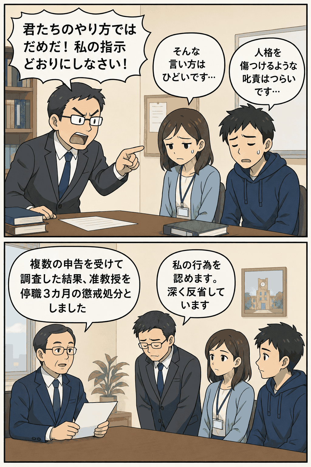 准教授による暴言や叱責で苦しむ大学関係者の様子を描いたイラスト