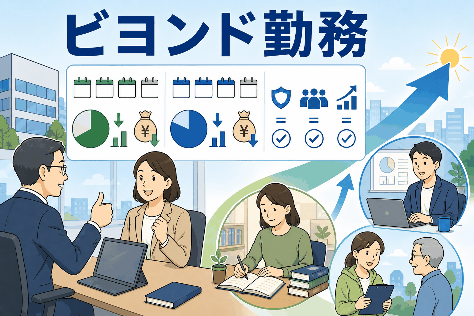 ビョンド勤務制度のイメージイラスト。学び直しや社会活動に取り組む男女と山の上を目指す矢印。