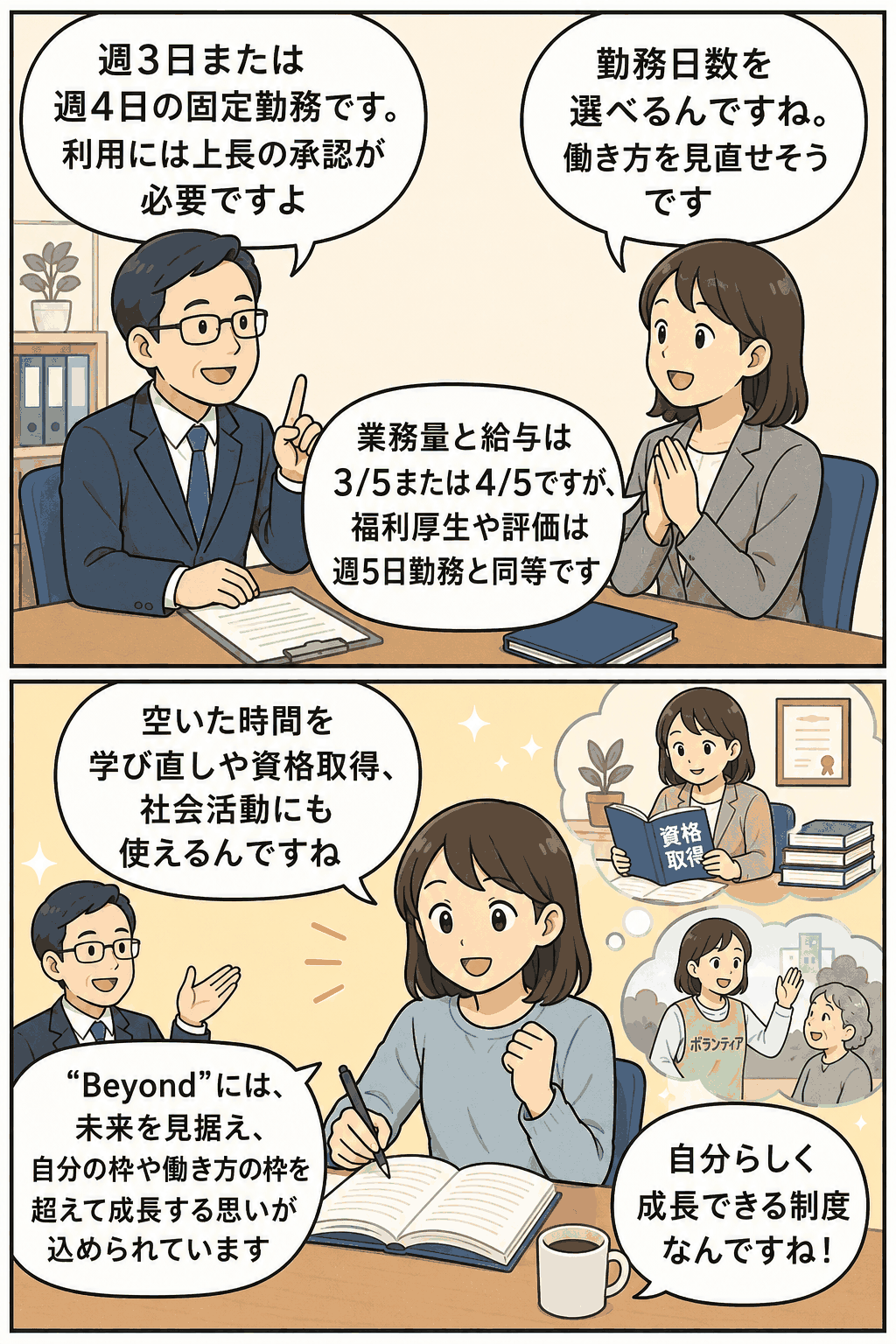 ビョンド勤務制度について説明する社員たちのイラスト。給与やスキルアップの話をする場面。