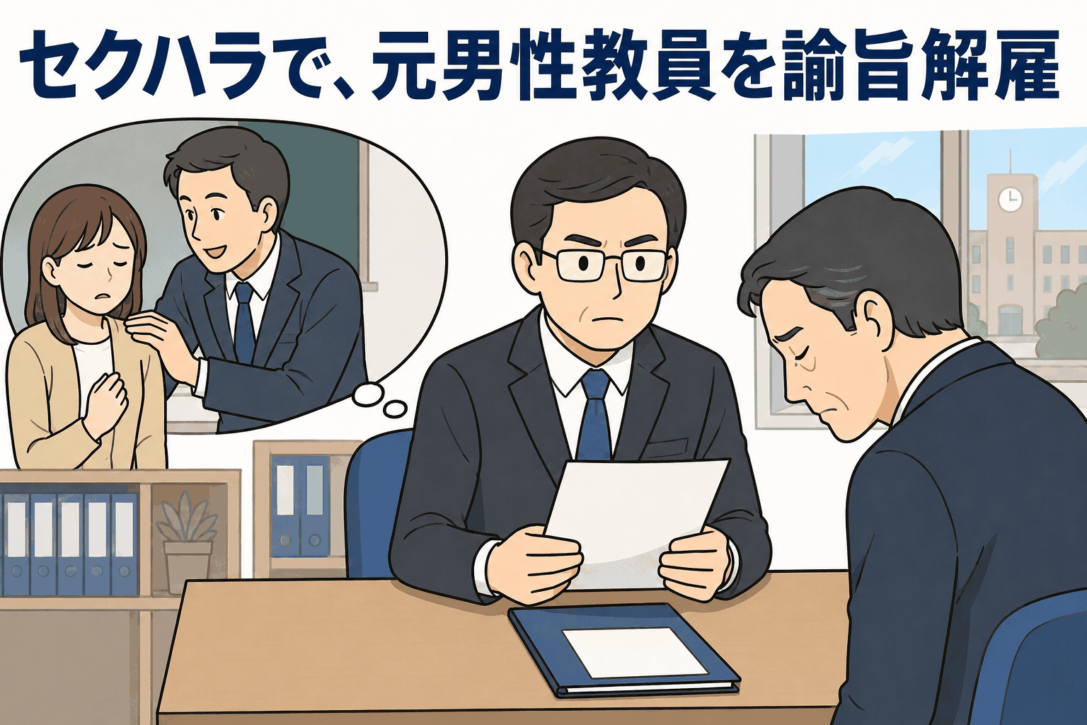 セクハラで元男性教員が諭旨解雇となったニュースを説明するイラスト。女性が腕を組み、男性が反省している様子