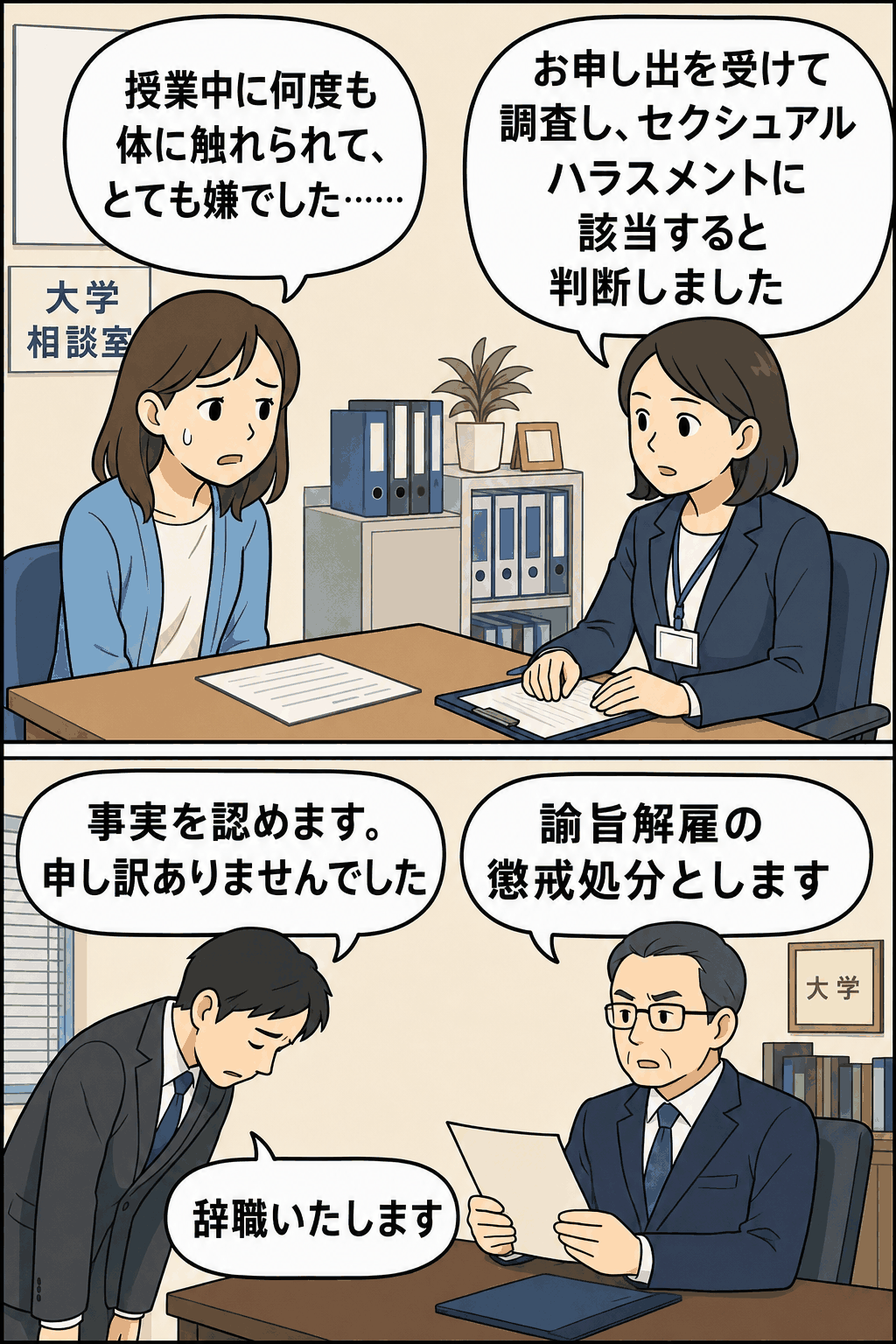 セクハラ被害を相談する女子学生と、対応を約束する大学職員のイラスト。下段は謝罪する男性と処分を伝える男性職員