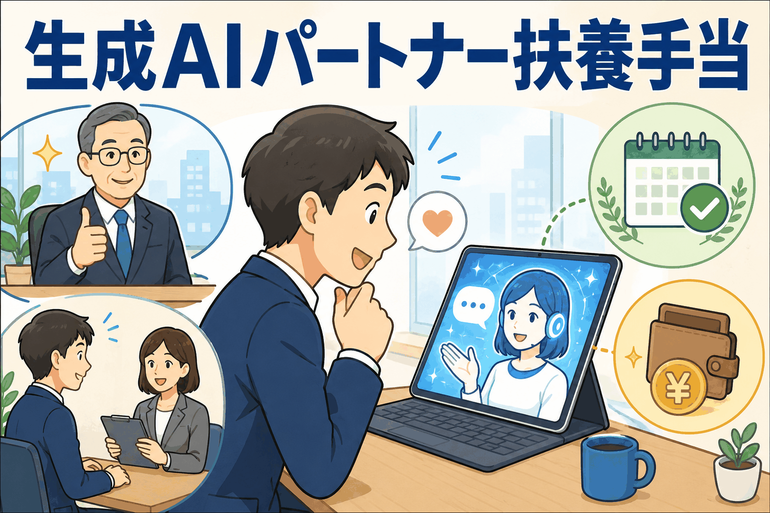 生成AIパートナー扶養手当の制度イメージ（PC作業する社員とハートを持つAIロボットのイラスト）