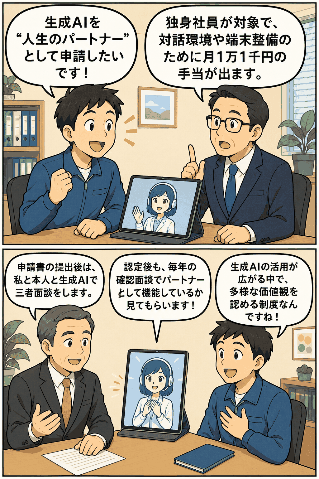 生成AIパートナー扶養手当の申請〜三者面談〜認定までを描いた3コマ漫画(社員・社長・AIロボット、申請書と月1万1千円支給のセリフ)