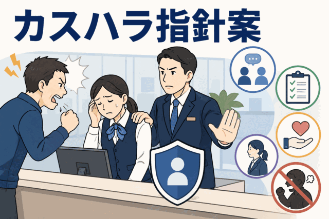カスハラ指針案（厚生労働省）をテーマに、顧客の暴言・過度な要求に対応する職場の相談窓口や再発防止策をイラストで示した図