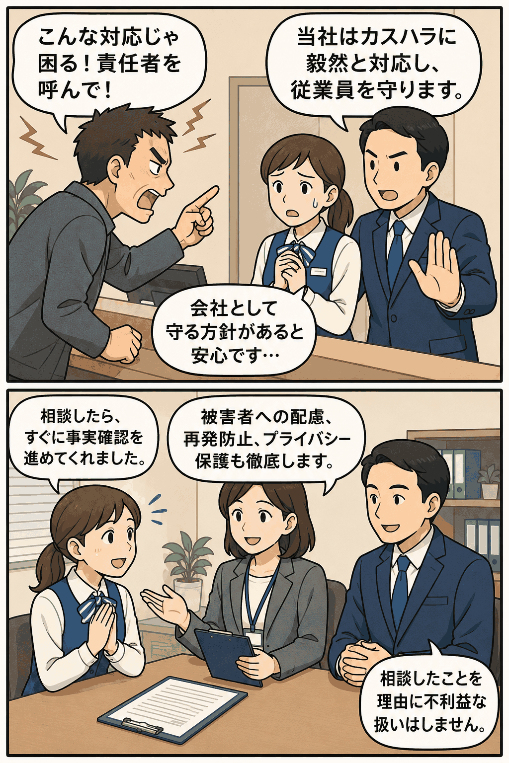 カスハラ対策の社内方針を掲示し、相談受付から事実確認までの対応手順を説明する職場のイラスト
