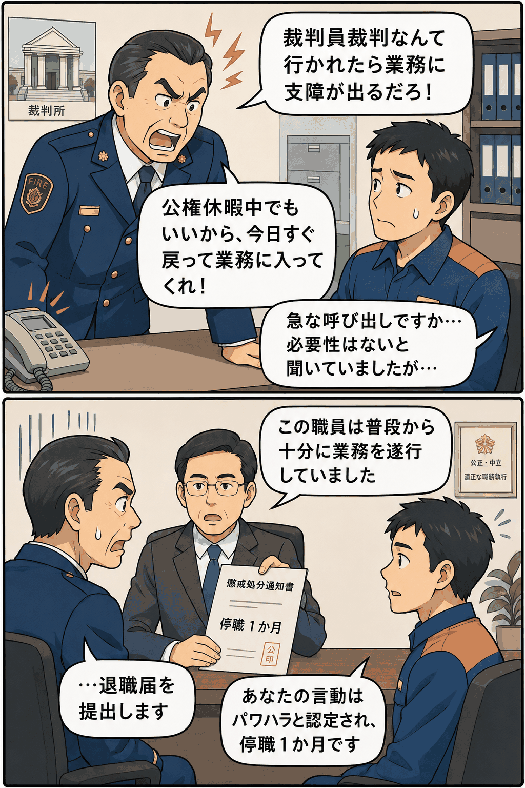 裁判員裁判で休むことを理由に上司が職員を叱責し「休みなんてだめだ」と発言するパワハラ場面のイラスト