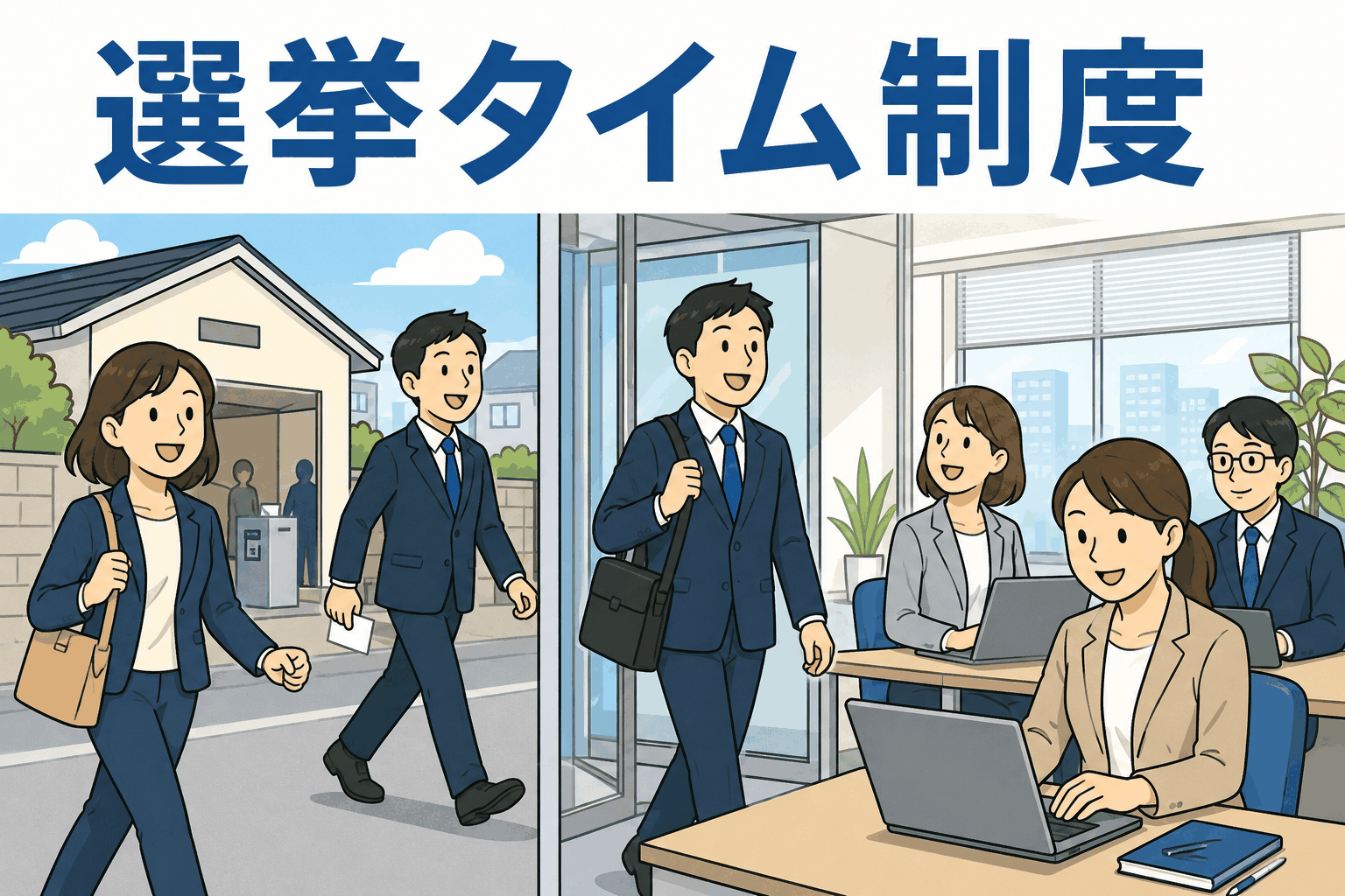 選挙タイム制度のイメージイラスト（勤務時間内に投票へ行ける社内制度）