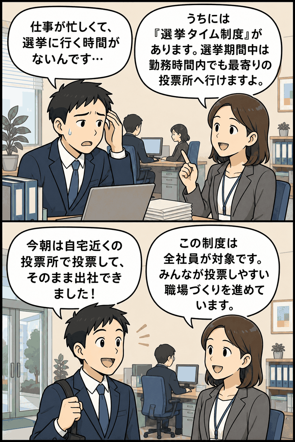 選挙タイム制度を説明する社内会話の漫画(勤務時間内に投票へ行ける仕組み)
