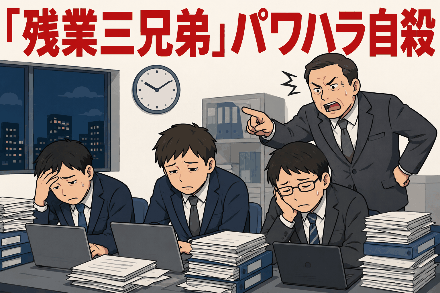 石川県の市役所で上司のパワハラと残業申請不承認が問題となり、職員の自殺が公表されたニュースを示すイラスト（「残業三兄弟」）