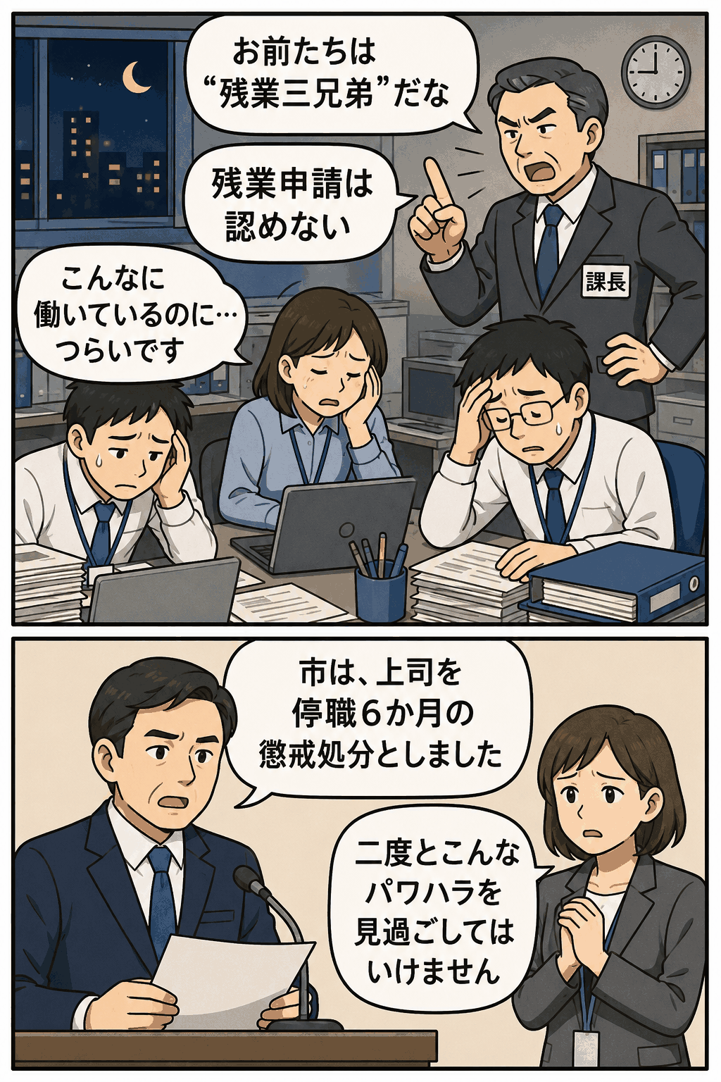 上司が職員3人に「残業三兄弟」とあだ名を付け、残業申請を認めないパワハラを示す2コマの職場イラスト