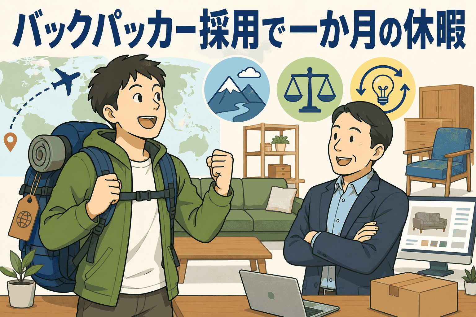 バックパッカー採用制度により1か月の長期休暇で海外旅行ができる家具通販会社の採用イメージ