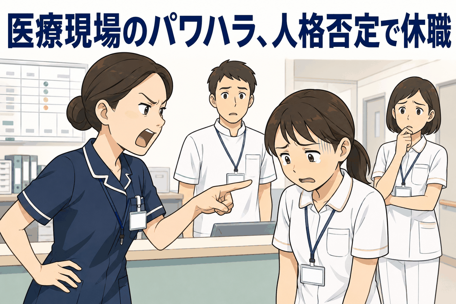 医療現場で上司の女性看護師が部下を大声で叱責し、パワハラにより人格否定や休職問題が起きている様子