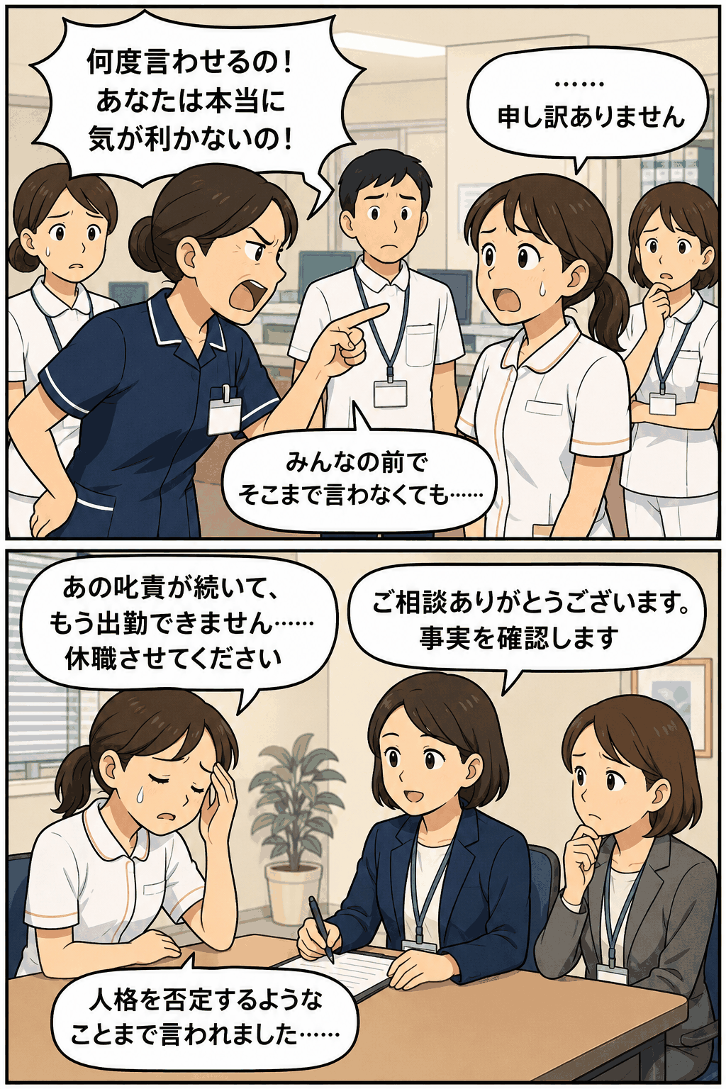 病院で上司の看護師が部下を大声で叱責し、精神的負担から休職相談に至るパワハラ問題を表したイラスト