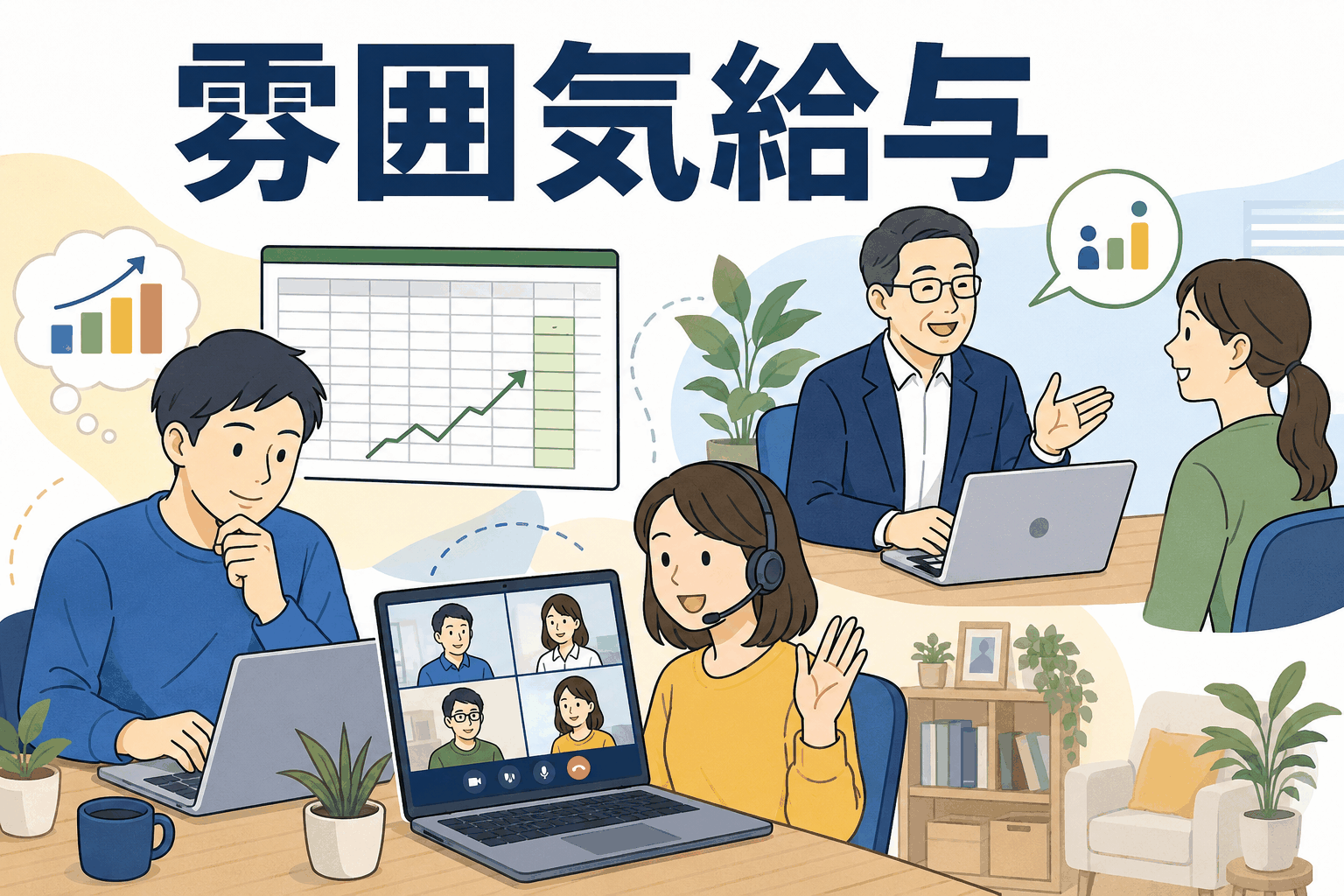 雰囲気給与制度をイメージしたイラスト。社員が自己評価をもとに希望給与額を申請し、役員との対話やZoom会議を通じて給与を決定する様子