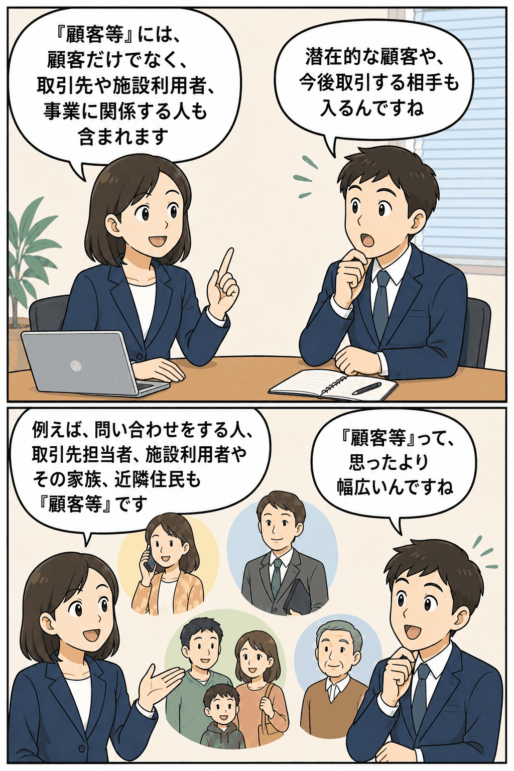 カスタマーハラスメント指針における「顧客等」の範囲を説明する男女の会話イラスト