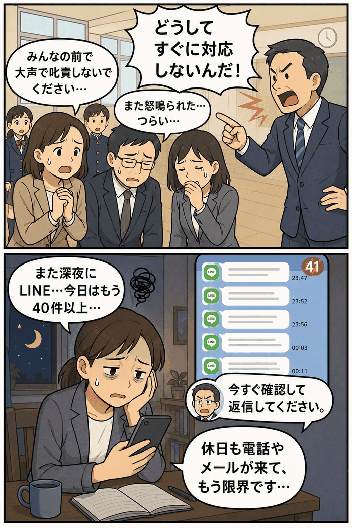 教職員に大声で叱責し、LINE40件超や早朝電話で圧力をかける校長のパワハラ問題を描いたイラスト
