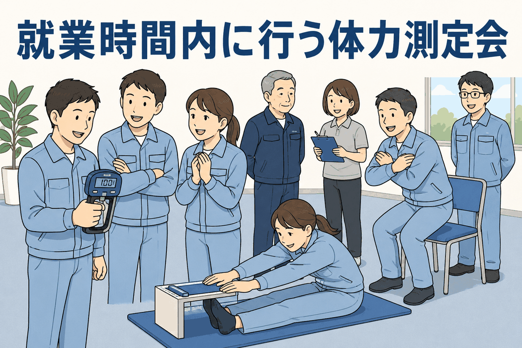 就業時間内に体力測定会を実施する医療用品メーカーの社内健康づくりの様子