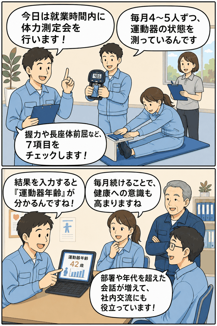 就業時間内の体力測定会で運動器の状態を測定し、運動器年齢を確認する医療用品メーカー社員の様子