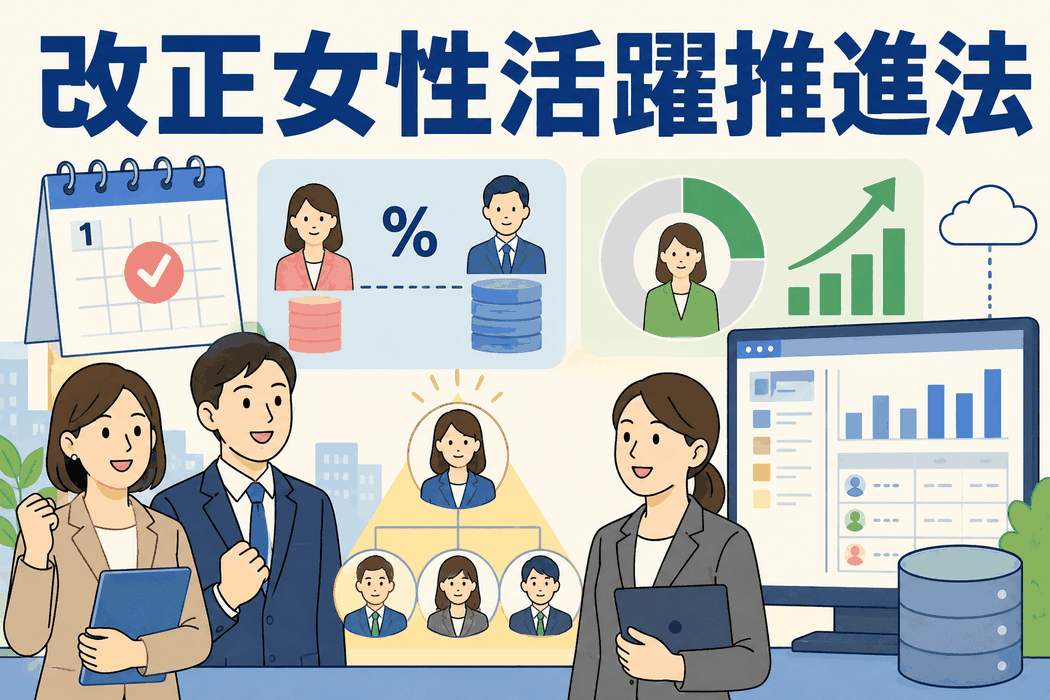 2026年4月1日施行の改正女性活躍推進法をテーマに、男女間賃金差異の公表義務拡大と女性管理職比率の公表義務化を示したイメージ画像
