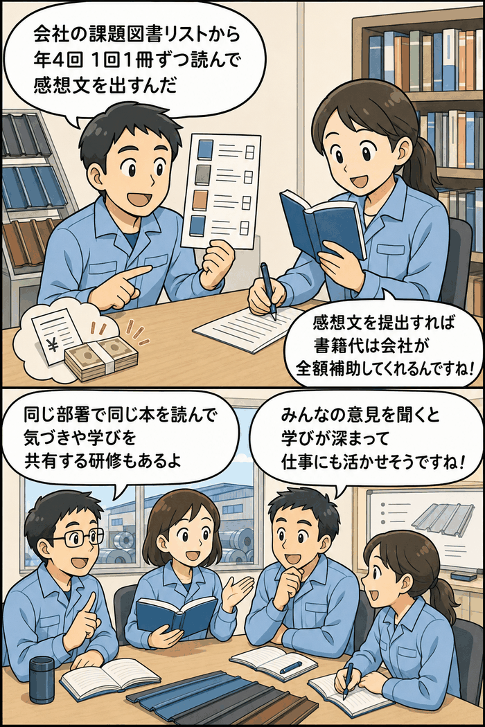課題図書研修の様子。社員が年4回の課題図書を読み、感想文を提出し、部署内で学びや気づきを共有しているイメージ