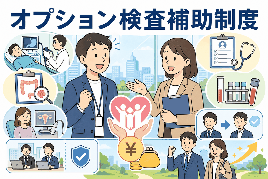 オプション検査補助制度の案内イメージ。婦人科検診・がん検診・胃カメラ・腫瘍マーカーなどの費用を会社が年1回最大1万円補助