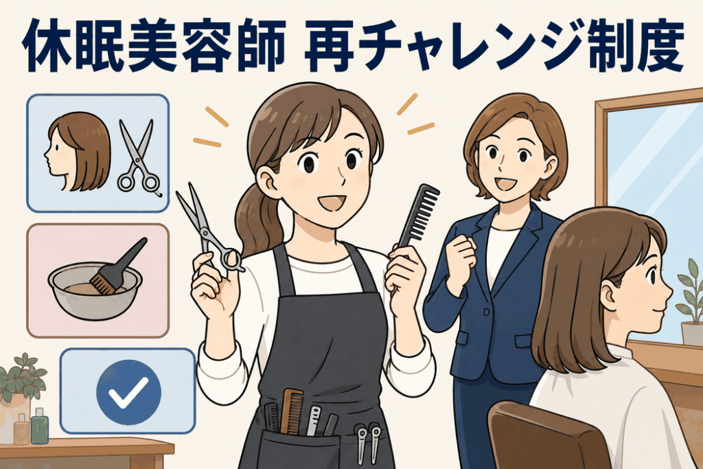 休眠美容師の再就職を支援する再チャレンジ制度を表すイラスト。カットとカラーに絞った施術で美容師復帰を後押ししている様子