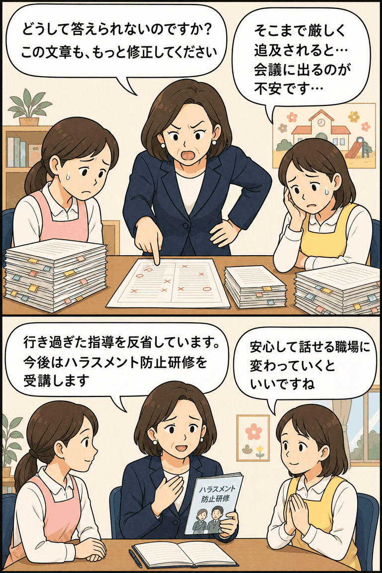 鳥取県のこども園で女性園長が職員を会議で厳しく追及し、過度な文書修正を求めたパワハラ問題と研修受講を描いた漫画