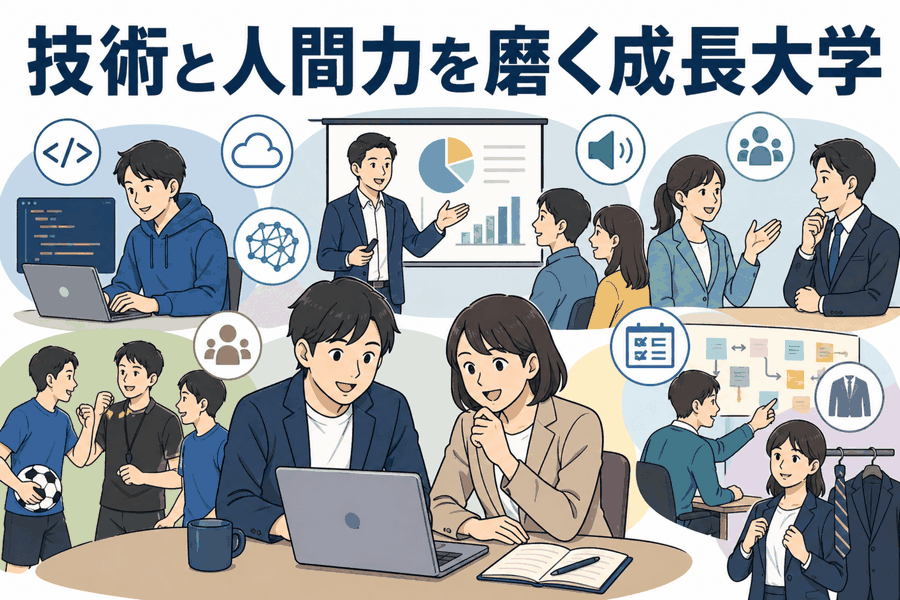 IT企業の成長大学で、生成AI・AWS・Javaなどの技術力講座、コミュニケーションやマネジメント、特別講座を通じて社員が学ぶ様子