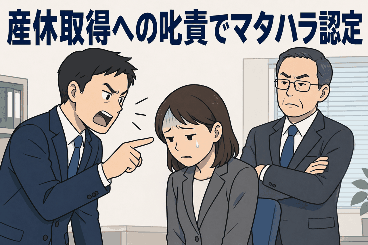 産休取得を申し出た妊婦社員が上司らに叱責され、マタハラ認定を示すイメージ