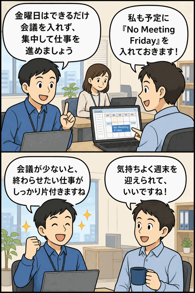 No Meeting Fridayをカレンダーに登録し、金曜日の会議を減らして集中作業を進めるIT企業社員の漫画