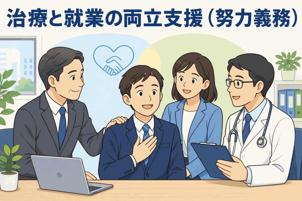 治療と就業の両立支援について、企業担当者・労働者・医師が職場で相談し、改正労働施策総合推進法による事業主の努力義務を説明するイラスト
