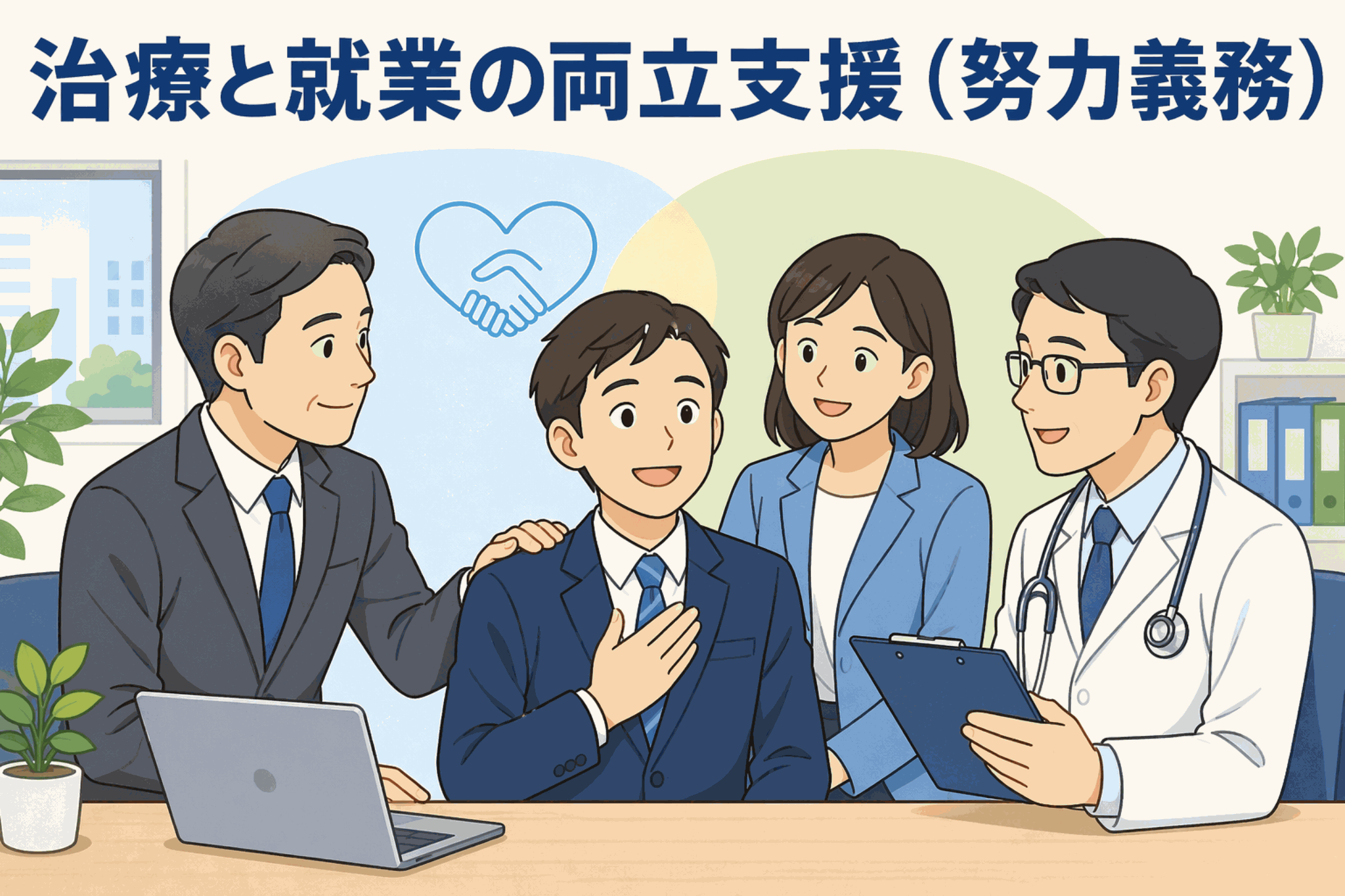 治療と就業の両立支援について、企業担当者・労働者・医師が職場で相談し、改正労働施策総合推進法による事業主の努力義務を説明するイラスト