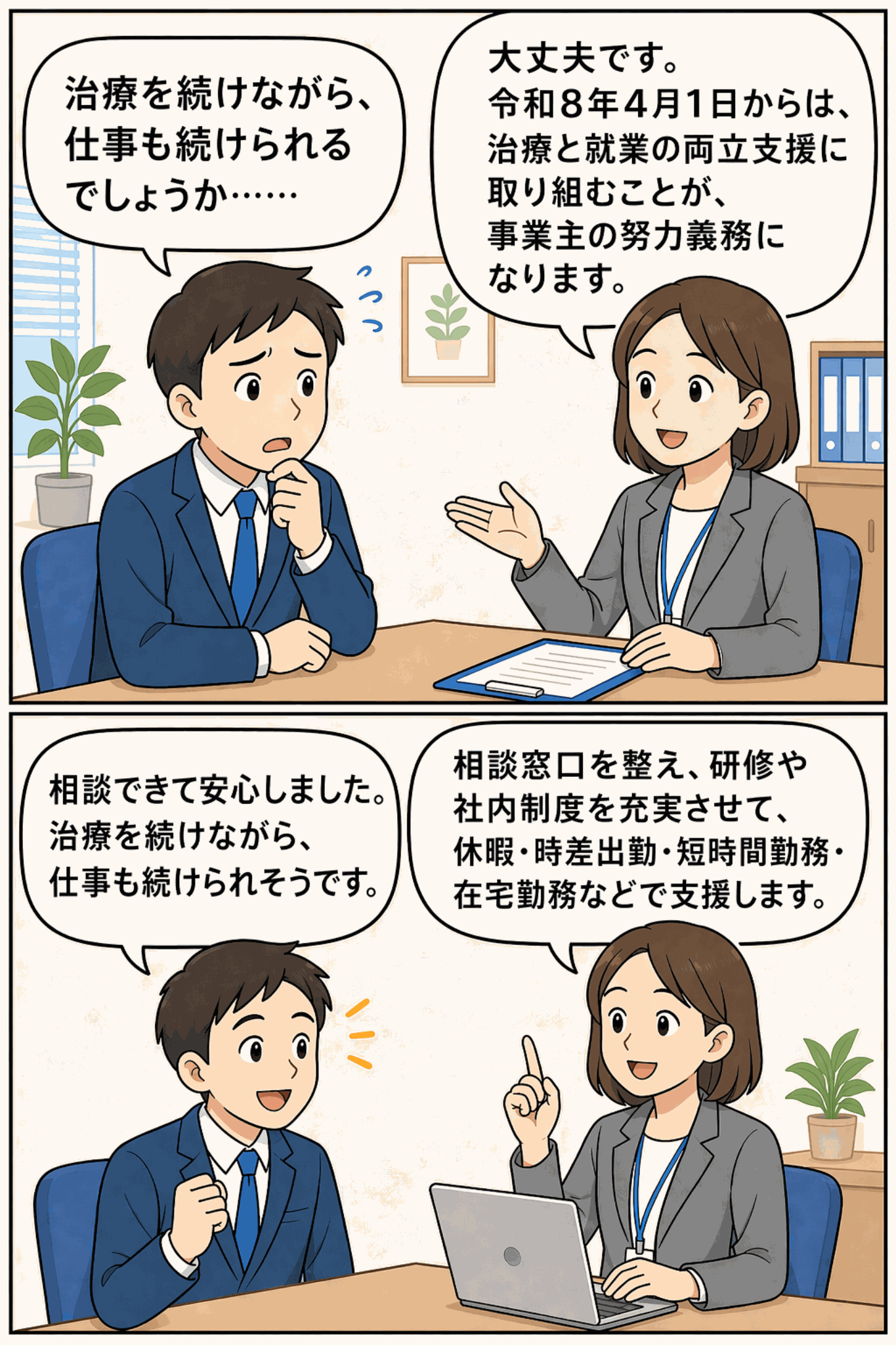 治療を続けながら仕事を続けられるか不安な労働者に、人事担当者が治療と就業の両立支援や相談窓口、休暇・時差出勤・短時間勤務・在宅勤務などの社内制度を説明する漫画