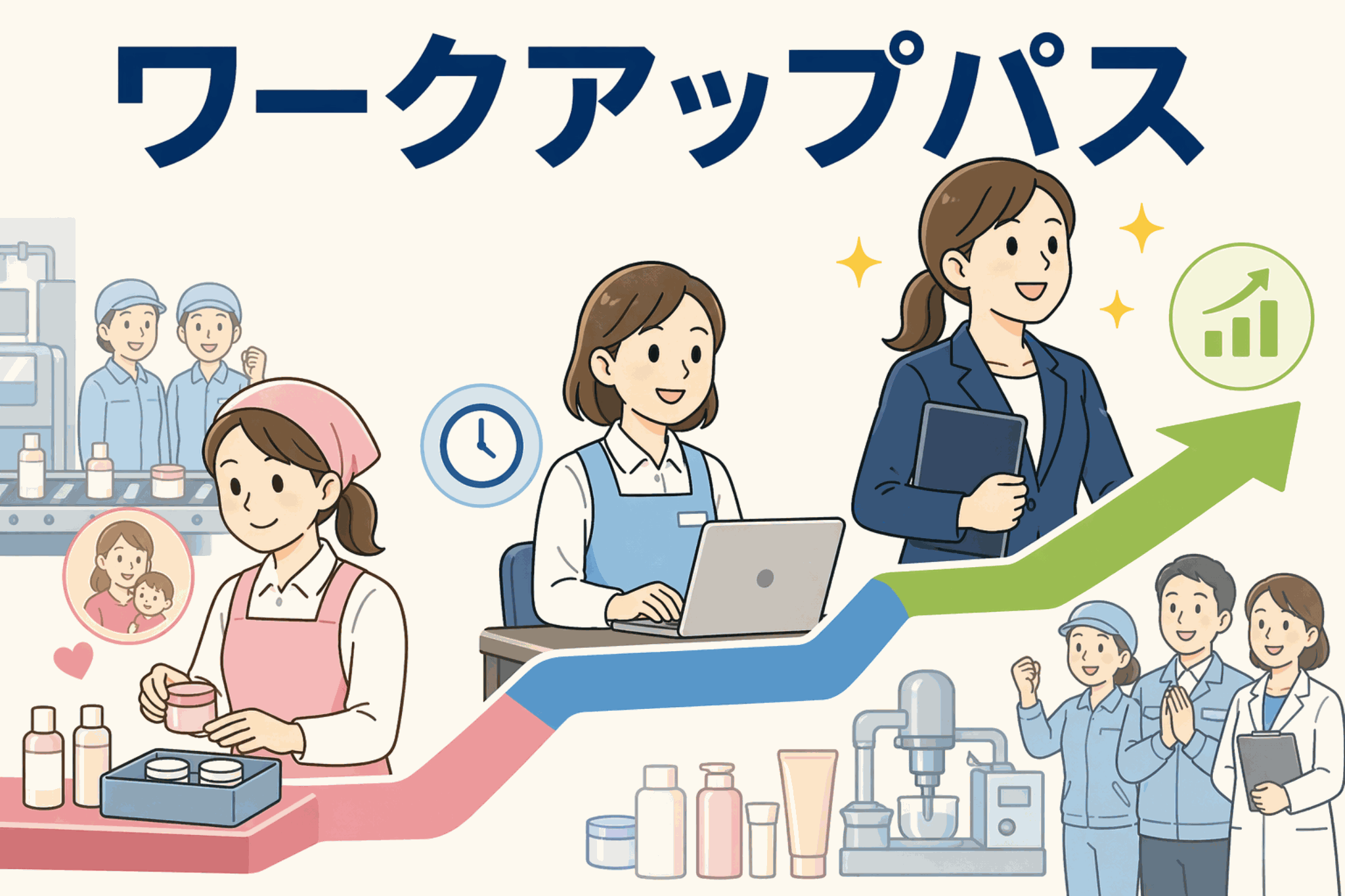 化粧品製造会社のパート社員が短時間正社員・正社員へ段階的にキャリアアップできるワークアップパス制度のイメージ