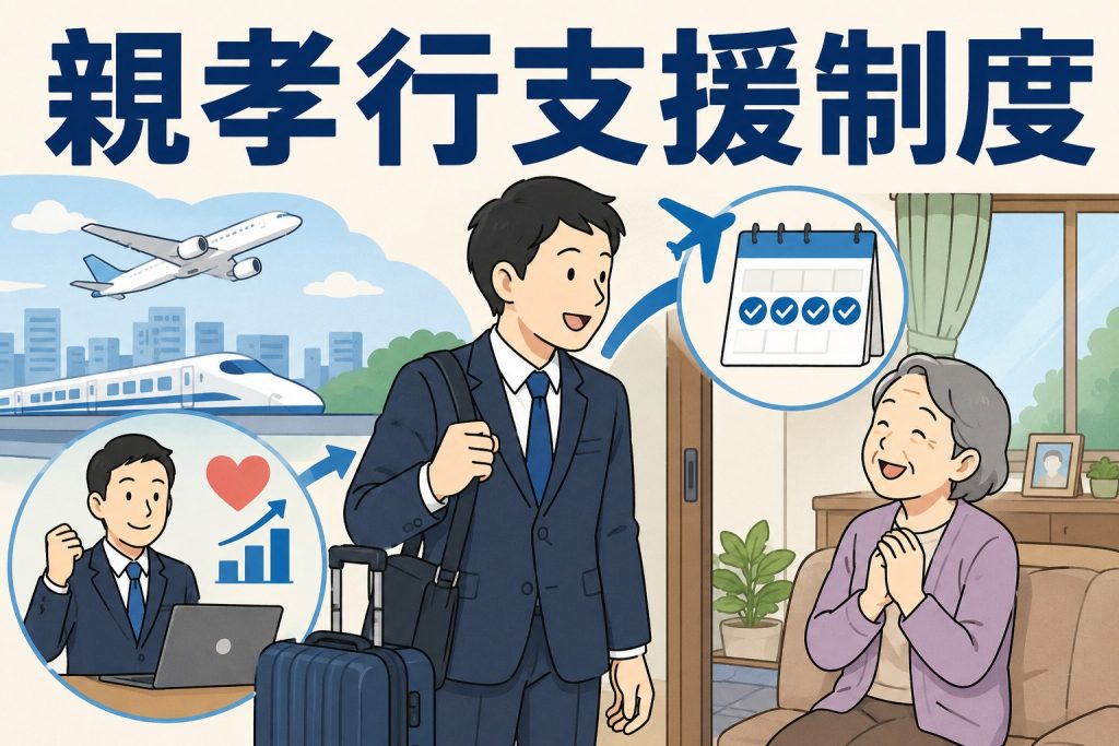 親孝行支援制度で、介護が必要な親への帰省費用を年4回まで補助する住宅販売会社のイメージ