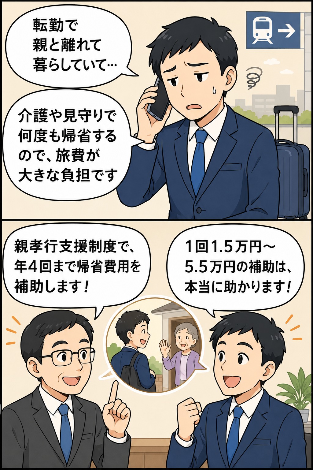 転勤で親と離れて暮らす社員に、介護や見守りの帰省費用を年4回まで補助する親孝行支援制度