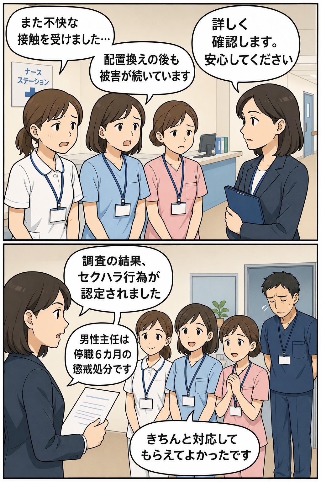 香川県立病院で女性看護師が配置換え後も続くセクハラ被害を訴え、調査の結果、男性主任が停職6カ月の懲戒処分を受けた経緯を描いたイラスト