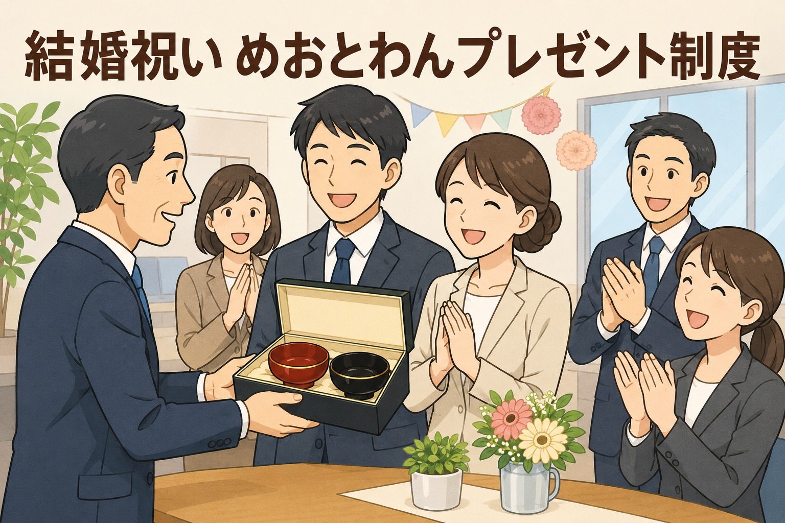 社員の結婚祝いに輪島塗の夫婦椀を贈呈し、同僚が祝福する注文住宅会社の社内制度