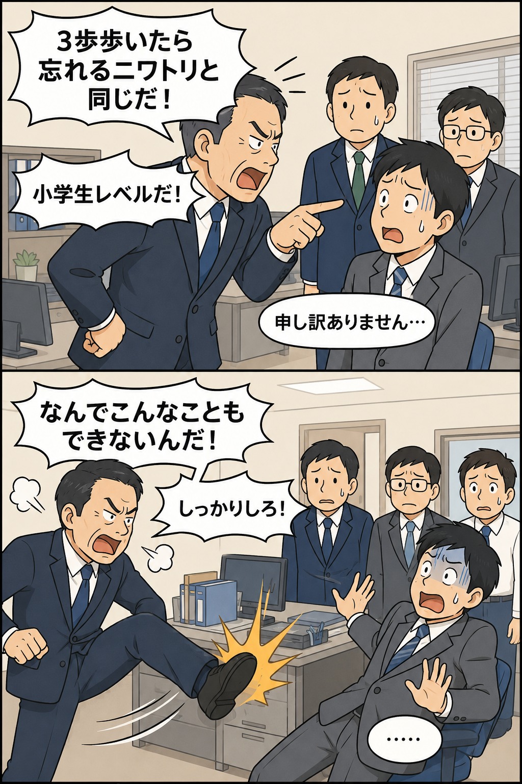 滋賀県の男性主幹が部下に「3歩歩いたら忘れるニワトリと同じ」「小学生レベル」と暴言を浴びせ、机を蹴って叱責するパワハラのイラスト