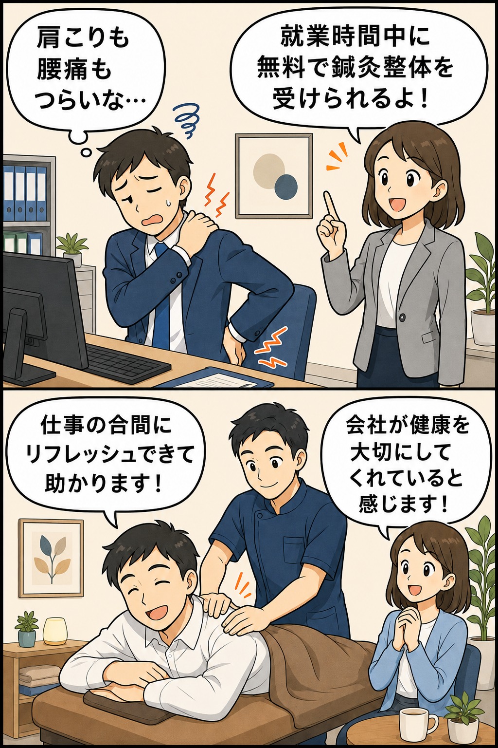 肩こりや腰痛に悩む従業員が、就業時間中にオフィスで無料の鍼灸整体を受ける様子