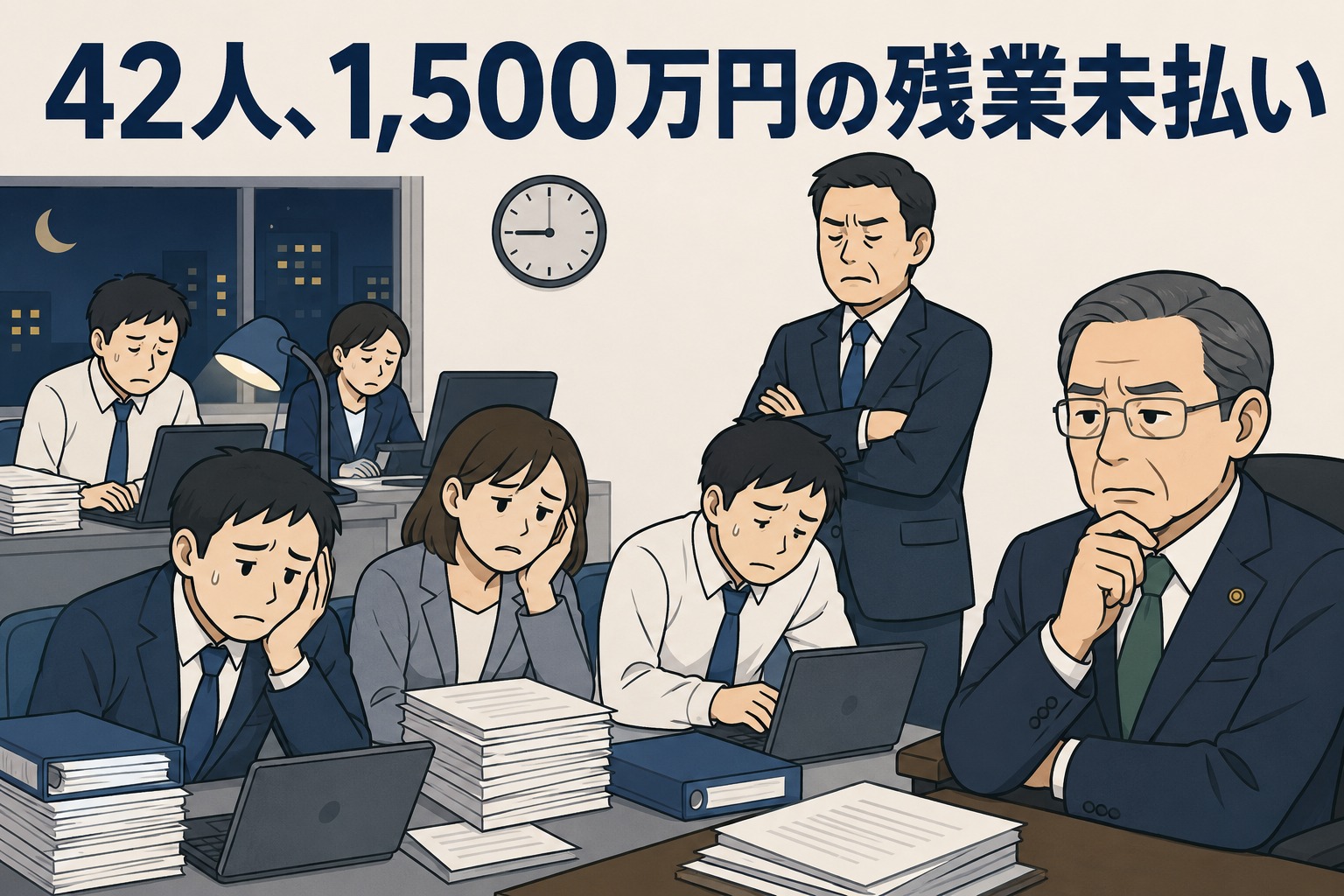 茨城県内の市で42人分、約1,500万円の時間外勤務手当が未払いとなった問題を表す職員のイラスト