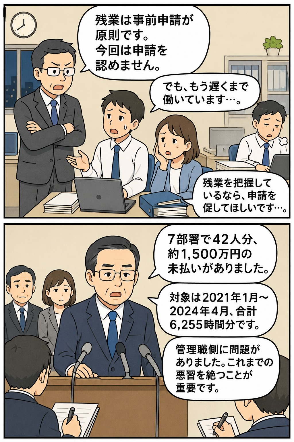 茨城県内の市で、管理職が残業申請を認めず、7部署42人分の時間外勤務手当約1,500万円が未払いとなった問題を描いた漫画